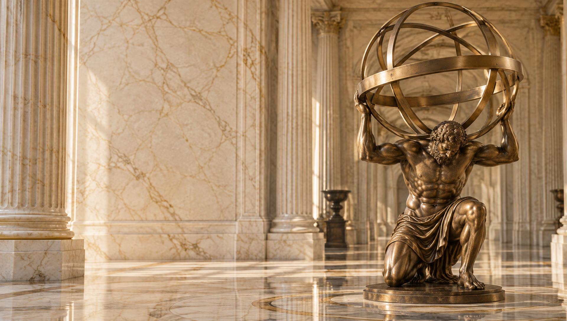 Statue de bronze d’Atlas agenouillé portant une sphère armillaire, dans une salle de marbre à colonnes